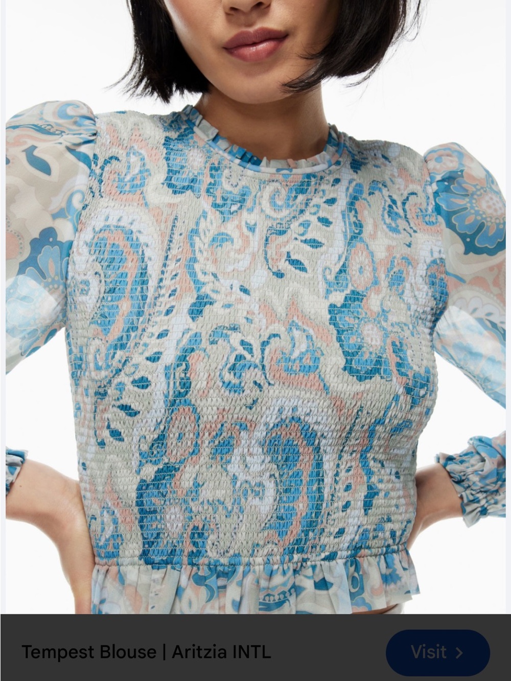 NWT Wilfred Tempest Blue and Cream Paisley Smocked Long Sleeve Blouse